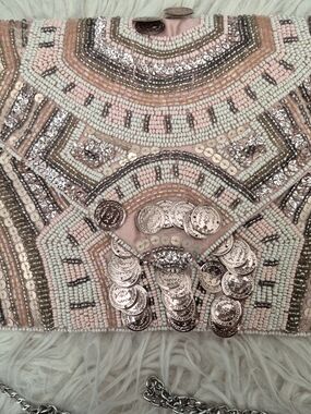 Embellished Beaded Pink Coin-Detail Clutch